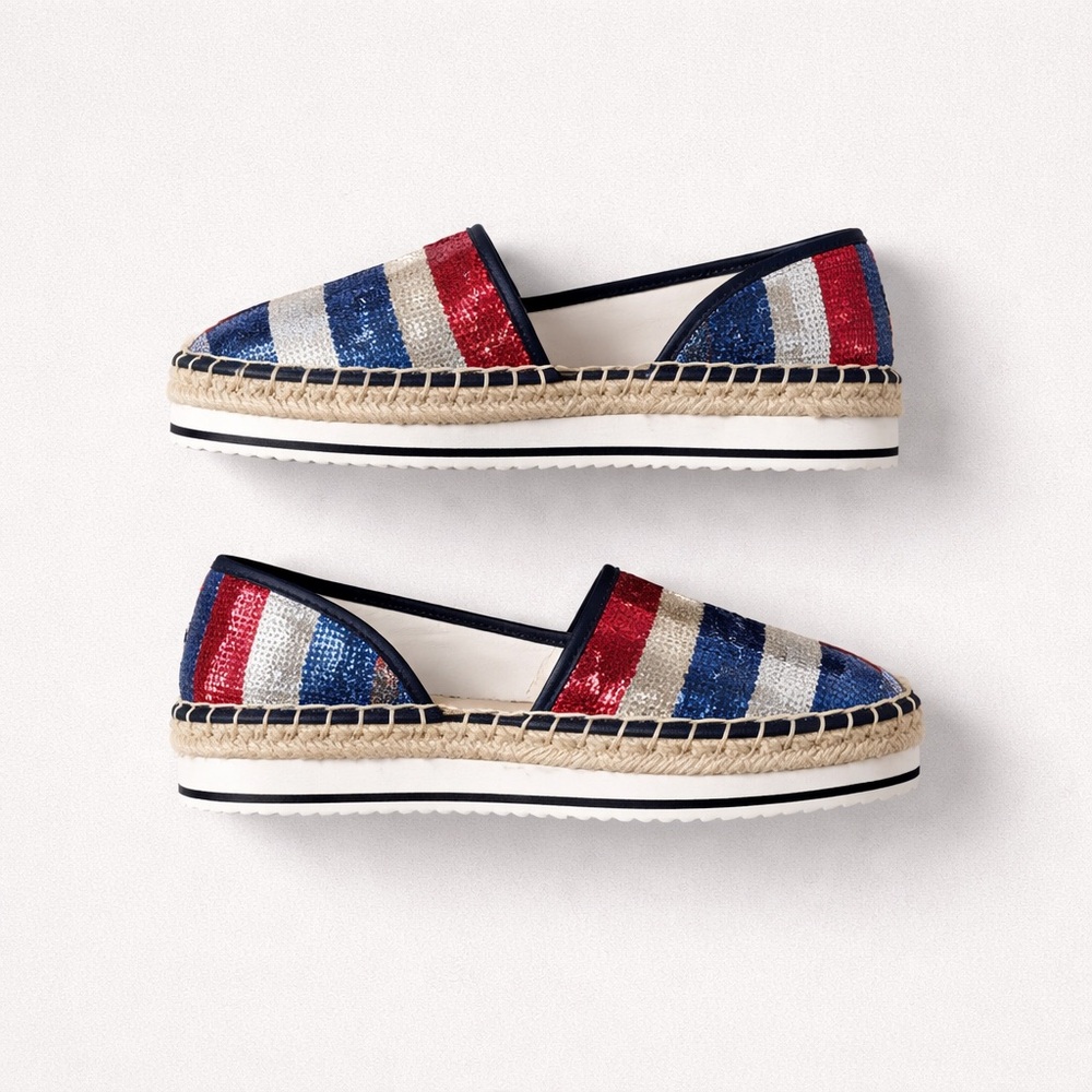 Tommy Hilfiger Red White Blue Striped Sequin Espadrille Flats